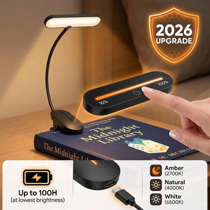 Clip-On Book Light for Reading at Night - Rechargeable 14 LEDs with 3 Color Modes & Stepless Dimming, Eye-Care USB-C Charging, 70-Hours, 360° Flexible Gooseneck - Perfect for Books, Bedtime Reading