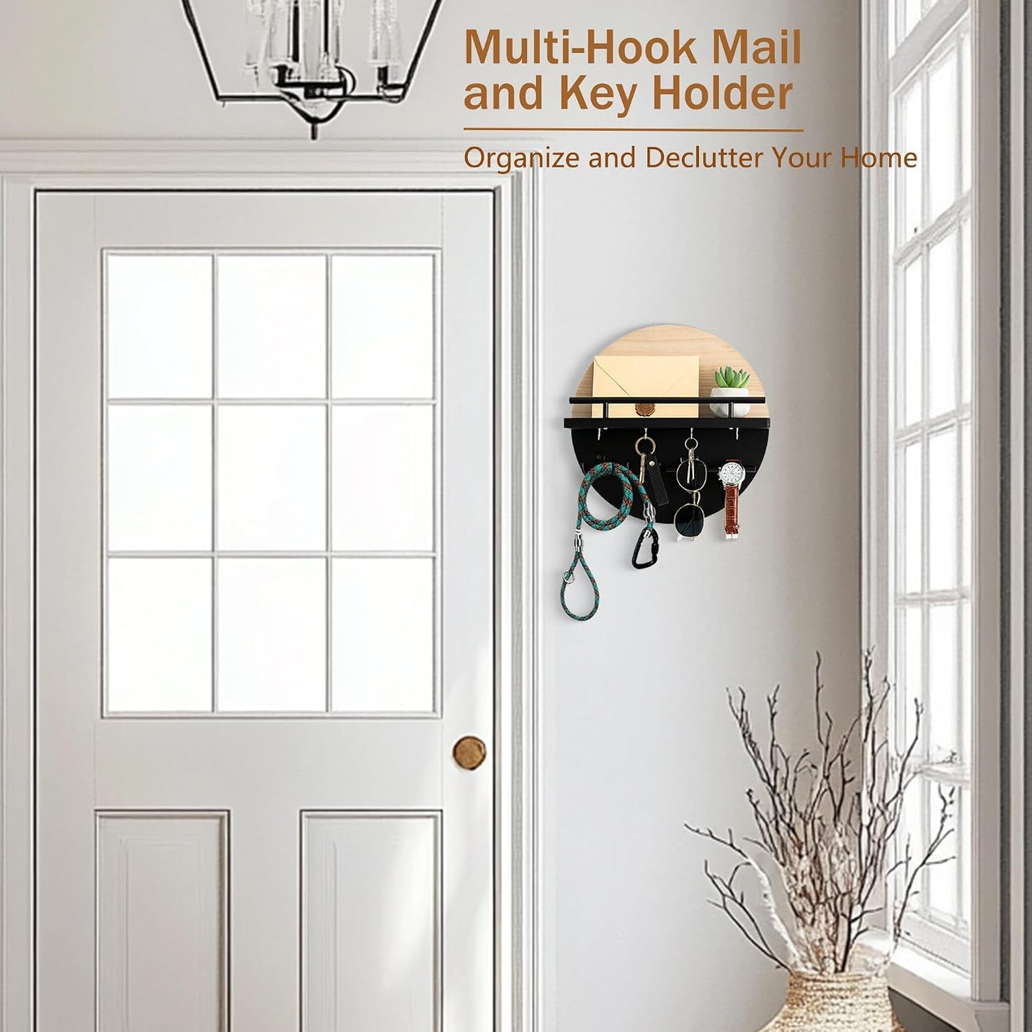 Key Holder for Wall Decorative with Shelf and Hooks, Mail Organizer Wall Mount with Sunglasses Holder, Circular Design Entryway Key Rack Hanger, Rustic Home Decor Boho Wall Decor (White)