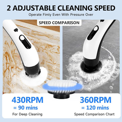 PUNOMO Electric Spin Scrubber for Bathroom & Shower, Power Cleaning Brush | Cordless, IPX7 Waterproof. 2 Speeds & 90-Min Battery, 8 Heads. Extendable Handle Saves Your Back For Tub & Tile Deep Cleaning