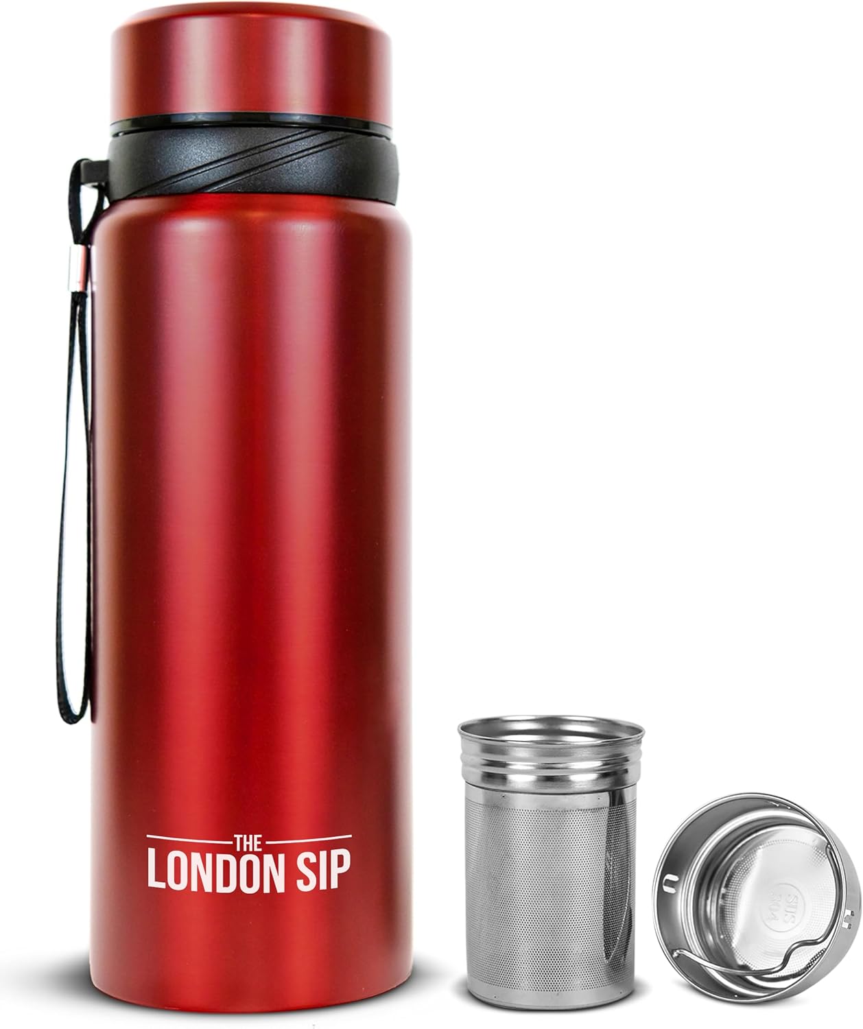 London Sip 25 oz Multi-Function Travel Mug and Tumbler Tea Infuser Water Bottle Fruit Infuser Flask Hot and Cold Double Wall Stainless Steel Coffee Thermos, Zen Black