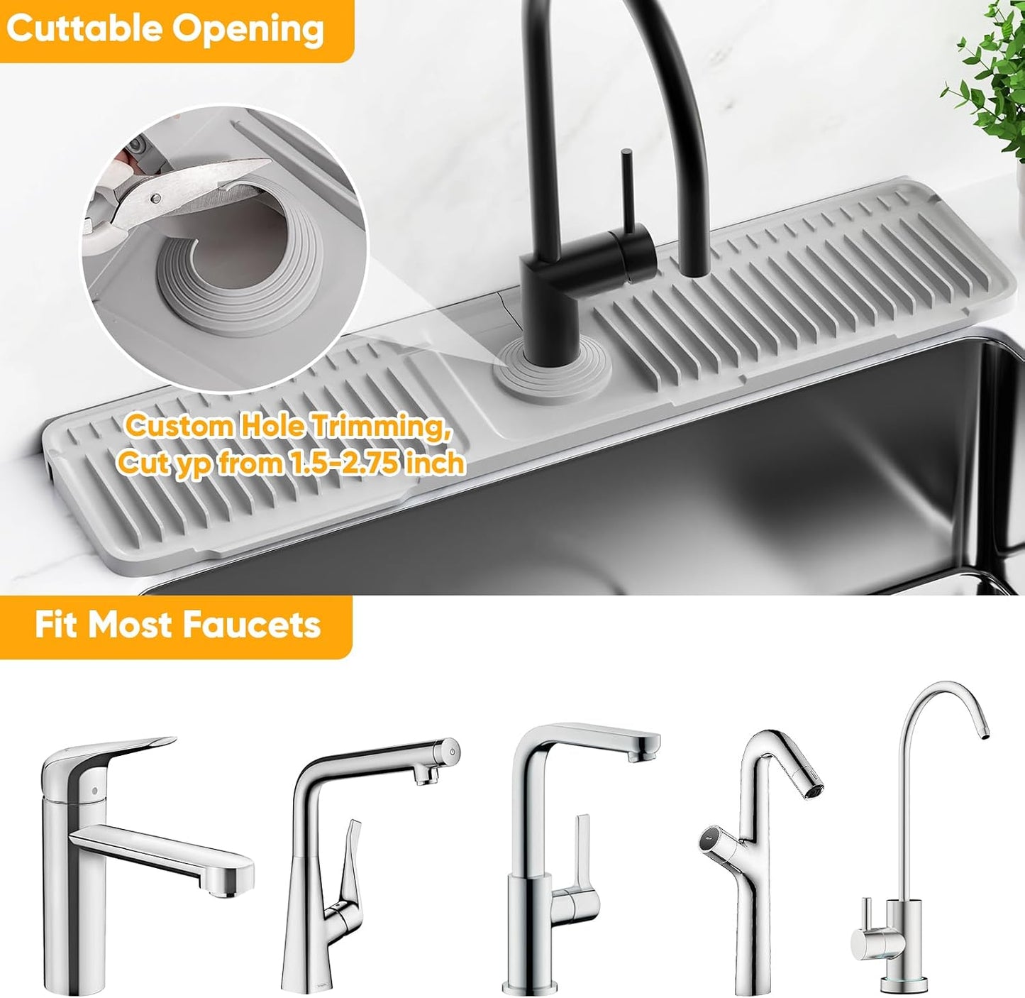24'' Longer Faucet Mat for Kitchen Sink Splash Guard[7° Slope Fast Self-draining][Snap Lock Fit]Kitchen Sink Faucet Mat Splash Guard Kitchen Sink Area Water Splash Guard Behind Faucet Draining Mat