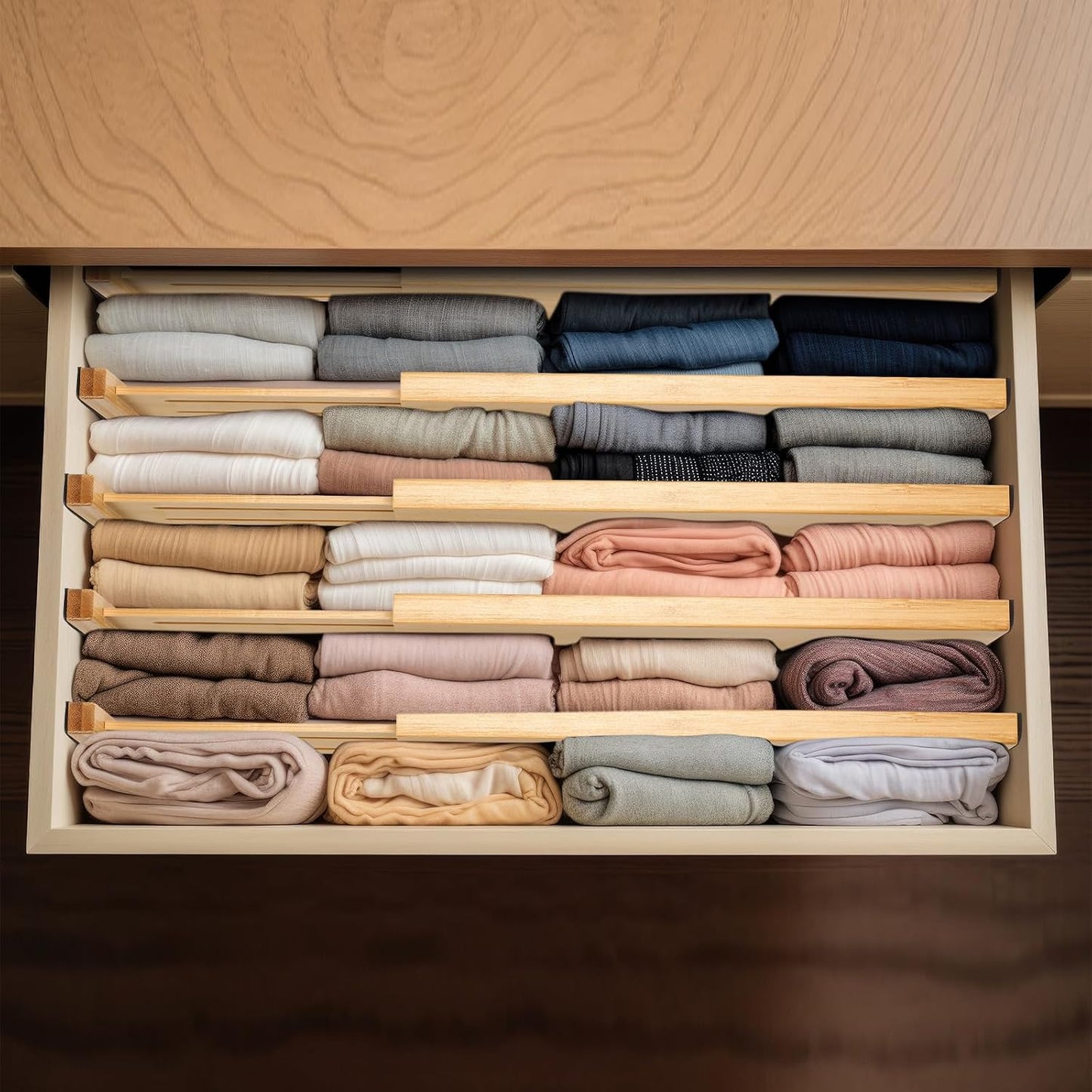 Fabsome Dresser Drawer Organizers 6 Pack, 4.65'' High Adjustable from 12.5-17‘’ Bamboo Drawer Dividers for Clothing Baby Clothes, Wooden Separators for Dresser Nursery Organization with Soft Foam Ends