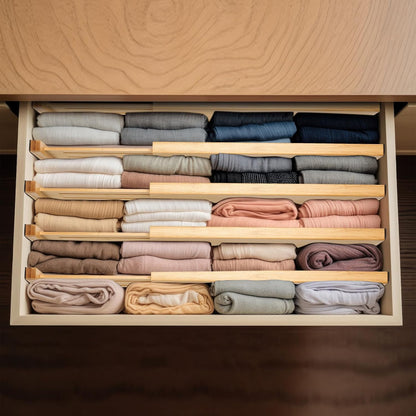 Fabsome Dresser Drawer Organizers 6 Pack, 4.65'' High Adjustable from 12.5-17‘’ Bamboo Drawer Dividers for Clothing Baby Clothes, Wooden Separators for Dresser Nursery Organization with Soft Foam Ends