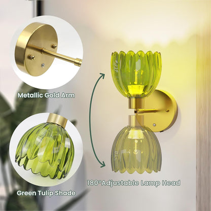 Battery Operated Wall Sconces, Rechargeable Green Glass Shades, Set of 2
