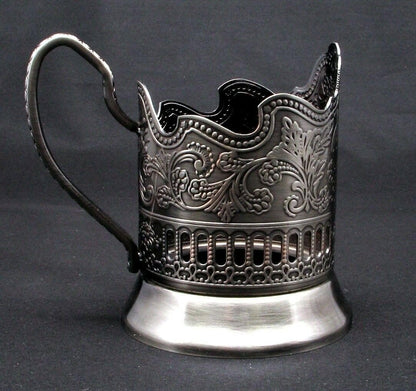 GHOLD Podstakannik for Hot Beverages, Metal Glass Holder w/Handle and Floral Pattern