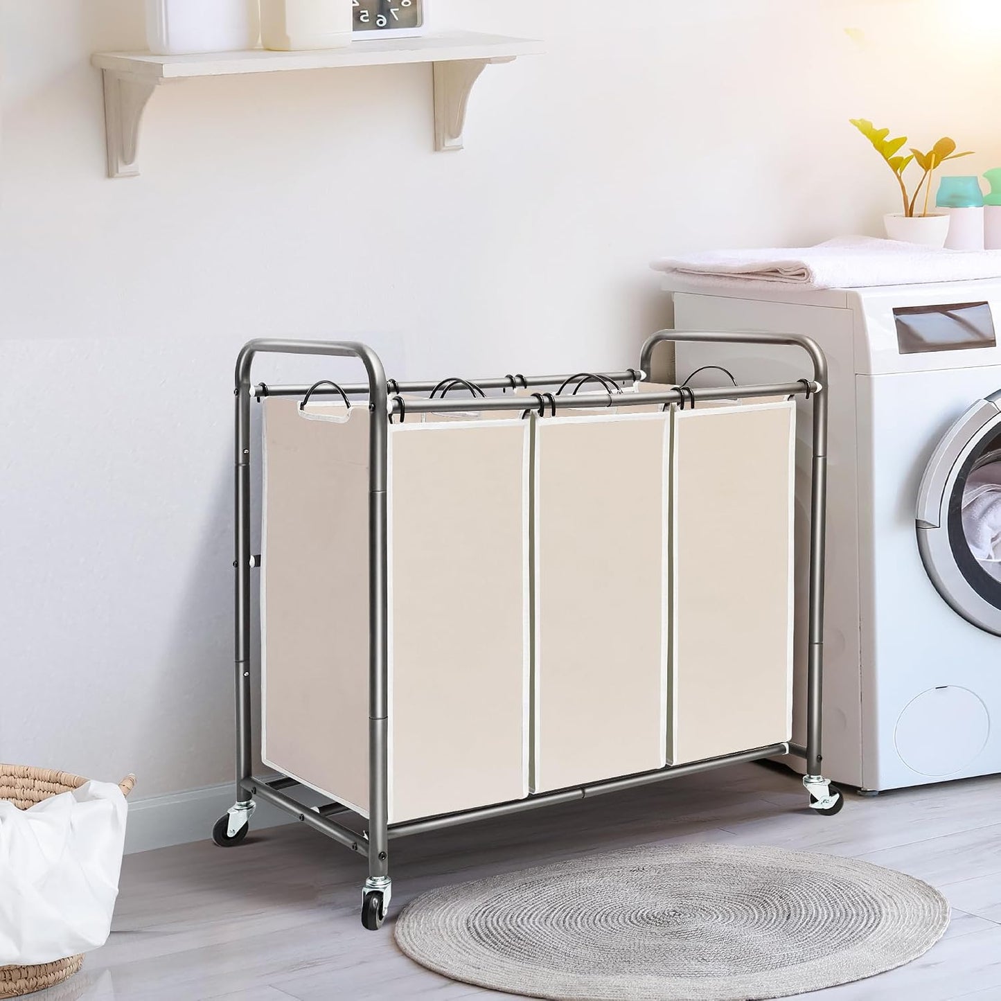 STO STO Laundry Sorter 3 Section, 3 Bag Clothes Hamper, Rolling Laundry Cart Basket with Heavy Duty Lockable Wheels and Removable Bag for Laundry Room, Bedroom, Closet, Black