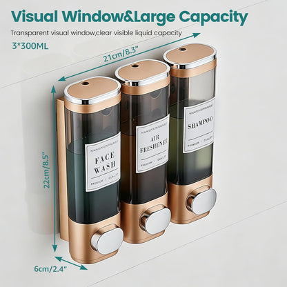 Wall Mounted Shower Soap Dispenser 3 Chamber,No Drill Shower Dispenser | Shampoo and Conditioner Dispenser for Bathroom Hotel Large Capacity, each 300ml with two waterproof labels,Gold