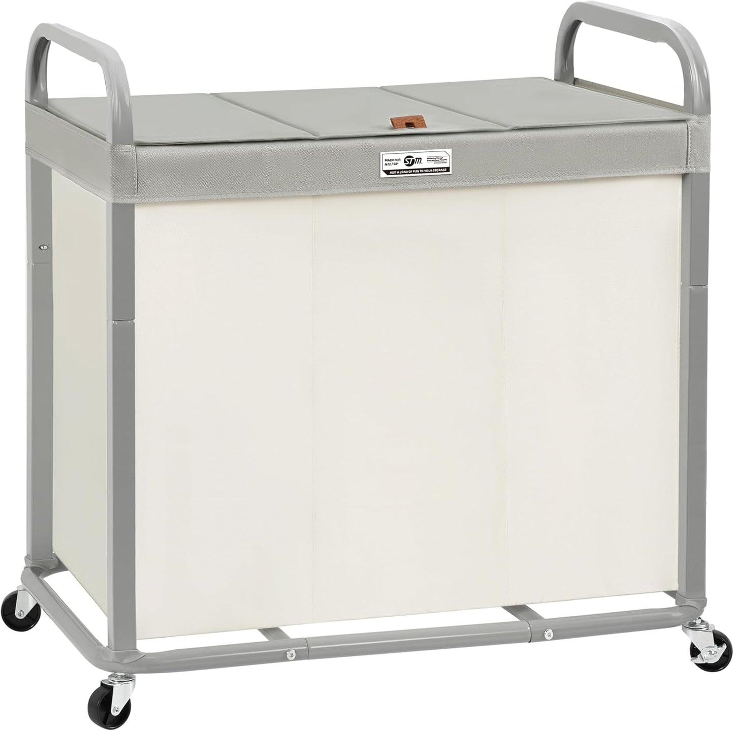 STORAGE MANIAC Laundry Hamper 3 Section with Lid Rolling Laundry Basket | 230L Laundry Sorter Cart 3 Compartment Clothes Hamper on Wheels Metal Handle Oxford Removable Bag Laundry Room Bedroom Beige