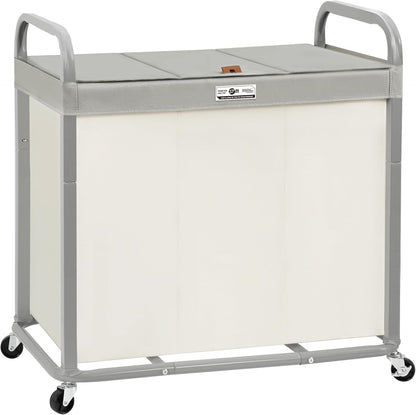 STORAGE MANIAC Laundry Hamper 3 Section with Lid Rolling Laundry Basket | 230L Laundry Sorter Cart 3 Compartment Clothes Hamper on Wheels Metal Handle Oxford Removable Bag Laundry Room Bedroom Beige