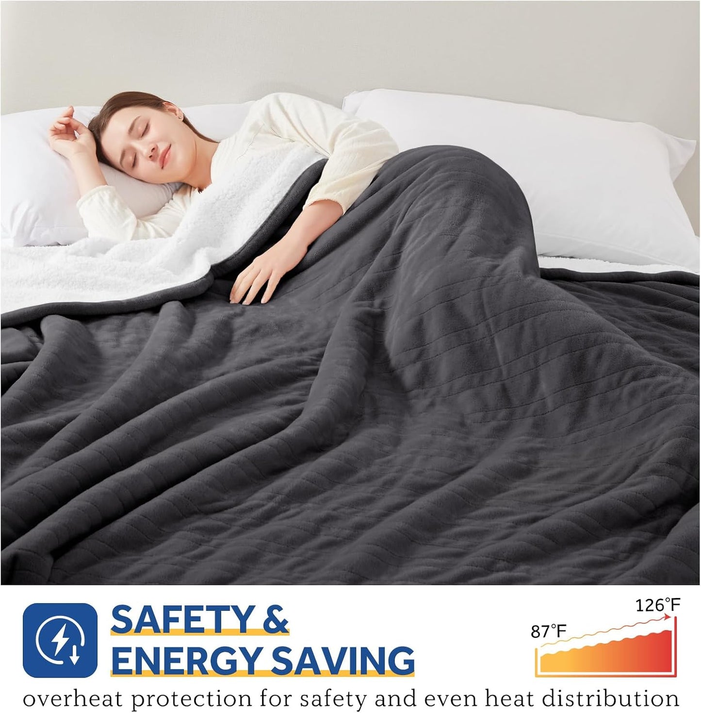 Sealy Heated Blanket Electric Throw 50"x60" Flannel & Sherpa, Auto Shutoff | Electric Blanket Throw with 6 Heat Levels & 2-10H Auto Shutoff, Fast Heating & Overheat Protection, Machine Wash, Light Grey
