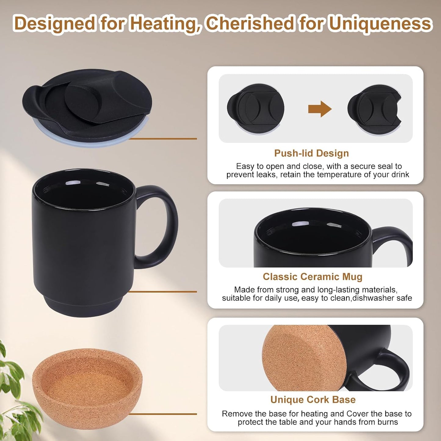 Coffee Mug Warmer & Mug Set for Desk, Electric Coffee Cup Warmer with Ceramic Mug, Smart Heated Coffee Mug with Auto Shut Off for Office/Home, Christmas/Birthday/Coffee Gifts for Men & Women, Wood