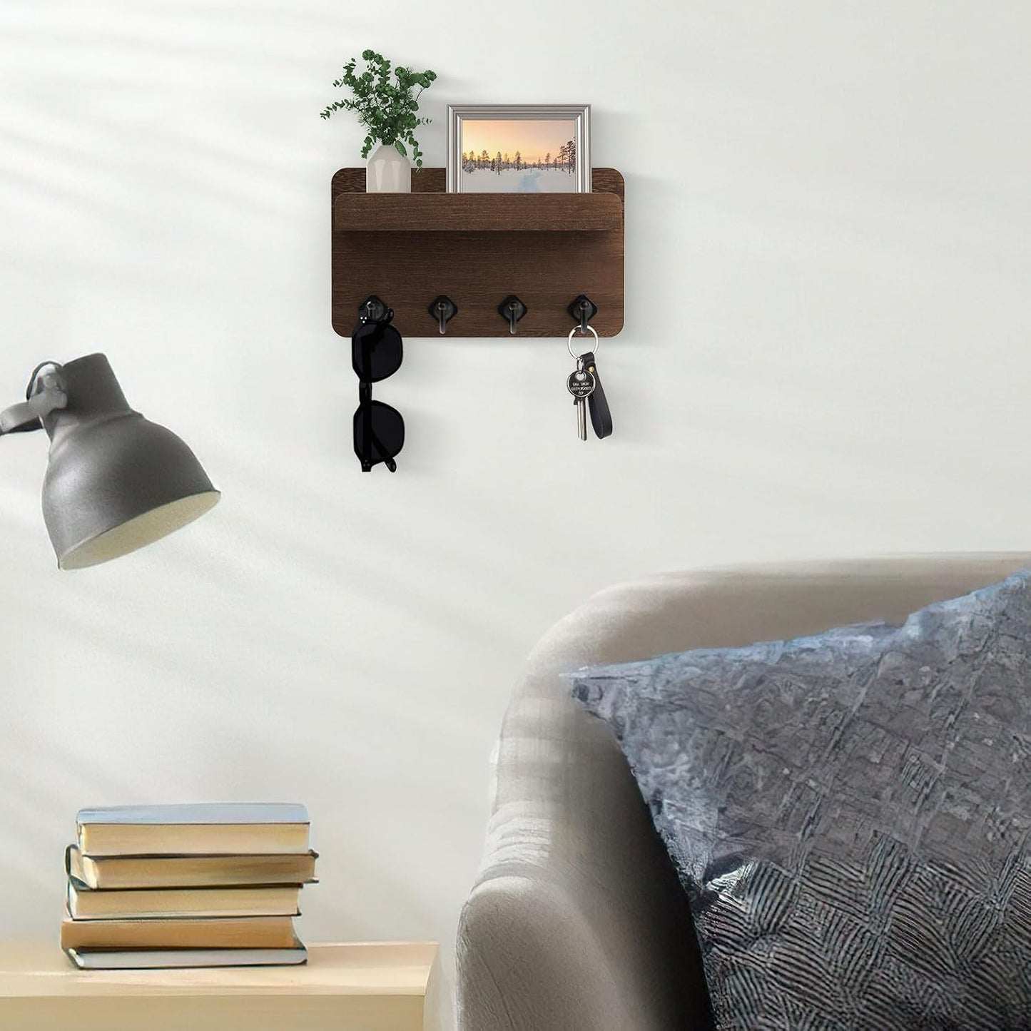 Nekon Key Holder Wall Mount, 8.5 Inch Small Wooden Wall Organizer, Black | Rustic Wall Shelf, Farmhouse Key and Mail Holder for Living Room Entryway Kitchen