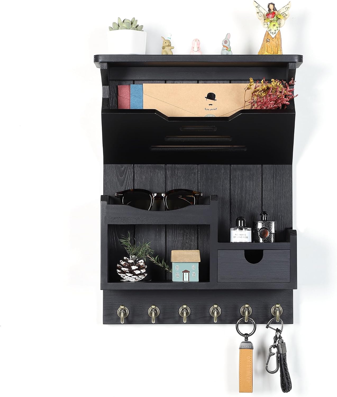 DOPACE Handcrafted Pine Wood Mail Organizer & Key Holder, Black | Hand-polished natural pine wood with storage drawer & 6 hooks, Fine spray paint finish, Easy wall mount