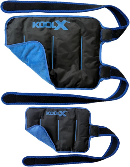 2 Pack KoolX Premium Gel Ice Packs for Injuries Reusable, Flexible Cold Wraps with Straps, Soft Plush & Nylon Sides, Extension Strap, Ice Pack for Knee, Back, Shoulder, Elbow & Calf - Medium + Large