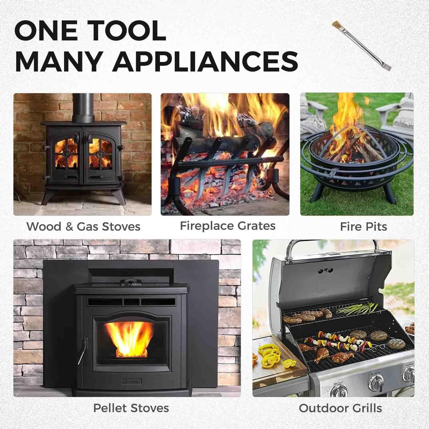 Pellet Stove Cleaning Brush with Scraper, Small Head Fits Tight Ash Clean-Out Holes, 10" Long Handle Wire Bristles, Replaces Screwdriver & Rag, for Chimney, Fireplace, Grill, Wood & Gas Stove
