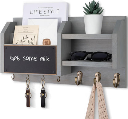 Lwenki Mail and Key Holder – Wall Mount Key Hanger with Shelf and 7 Metal Hooks – Decorative Natural Paulownia Wood Entryway Organizer with Mounting Hardware (16.5”W x 8.7”H x 3.5”D) (Brown)