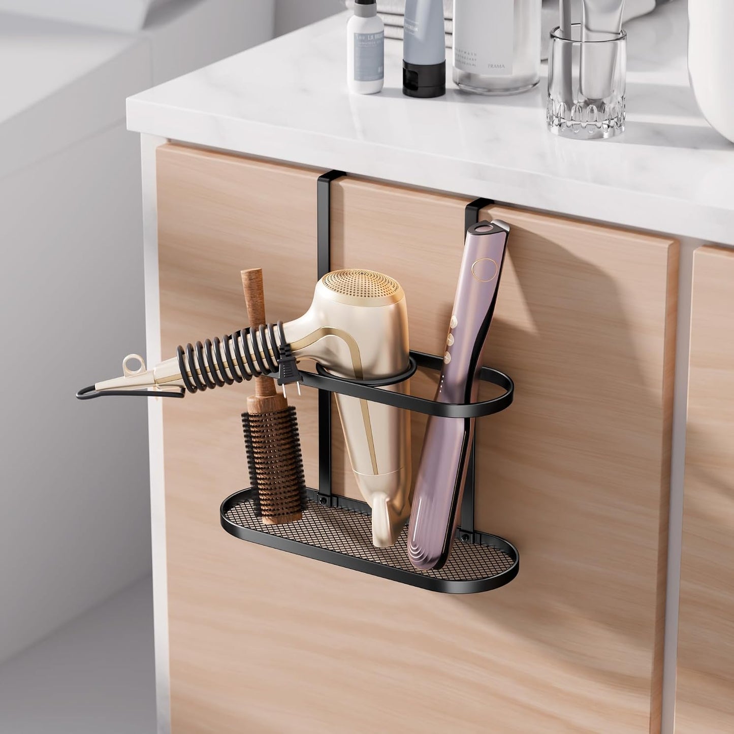 3-in-1 Hair Tool Organizer Holder for Dryer, Straightener & Curling Iron - Multi-Placement Design Mounts on Cabinet Door&Tabletop (Black Elliptic Frame)
