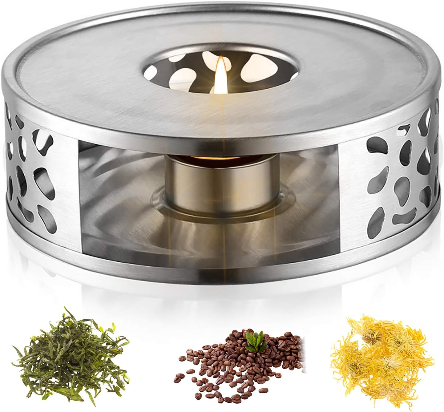 Teapot Warmer with Hollow Frame Design Candle Holder Stainless Steel Coffee Warmer Base for Glass Teapot and Other Heatproof Dish Warming Use
