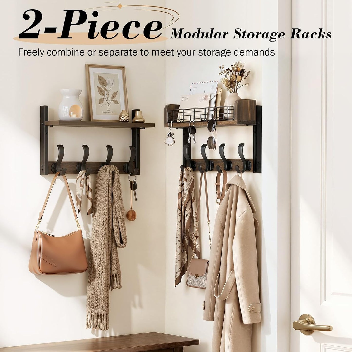 Delamu 29" Large Coat Rack Wall Mount with Shelf, 4 in 1 Shelf with 11 Hooks, Wooden Key and Mail Holder for Wall for Entryway, Living Room and Bedroom, Brown
