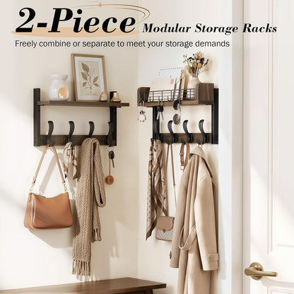 Delamu 29" Large Coat Rack Wall Mount with Shelf, 4 in 1 Shelf with 11 Hooks, Wooden Key and Mail Holder for Wall for Entryway, Living Room and Bedroom, Brown