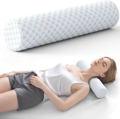 Neck Roll Pillow for Neck Pain Relief - Memory Foam Neck Support Pillow for Bed | Round Neck Pillow for Sleeping, 15.7 * 6 * 6 inch (Cool-Blue)