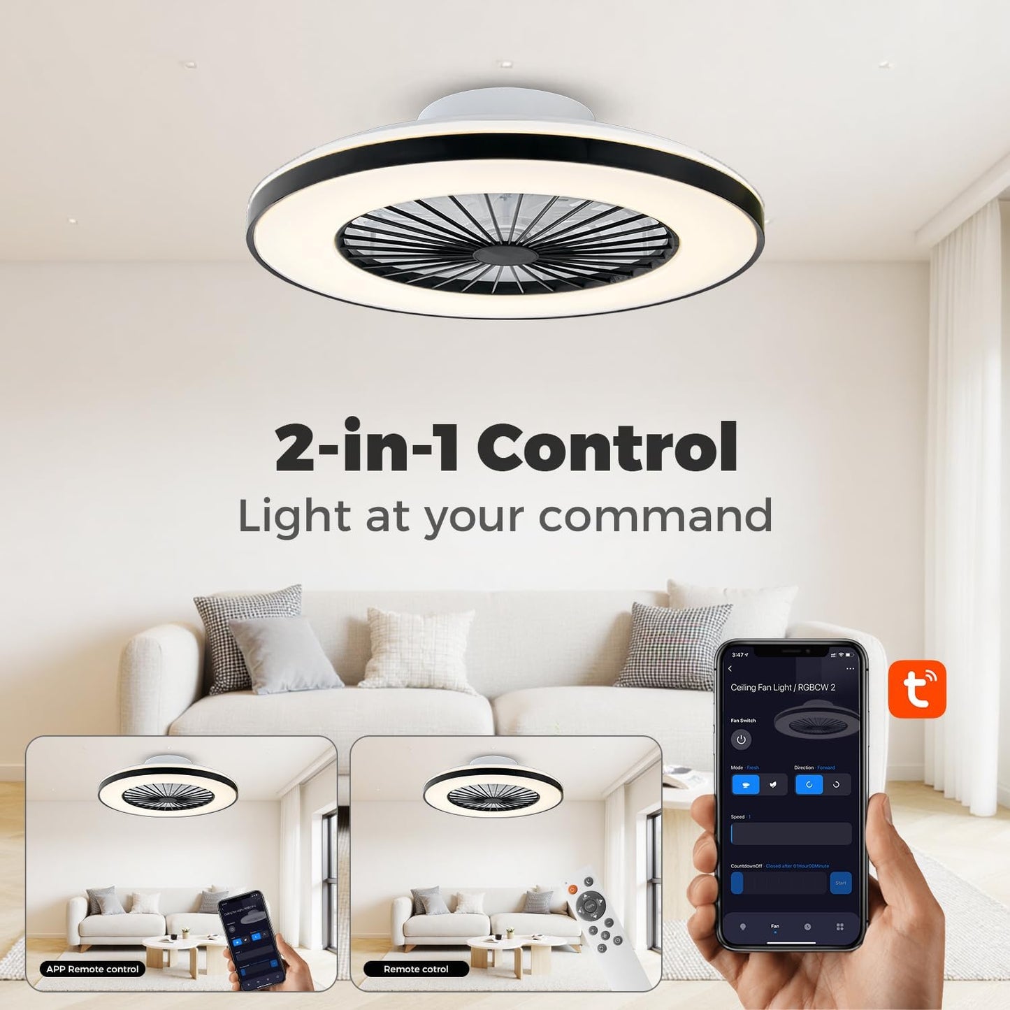 18.9" RGB Flush Mount Ceiling Fan with Light, 6 Speeds 3 Colors | Indoor Ceiling Fan · RGB+3CCT Dimmable · App/Remote Control · Quiet DC · 6-Speed Reversible · Flush Mount 18.9" · Kids Room