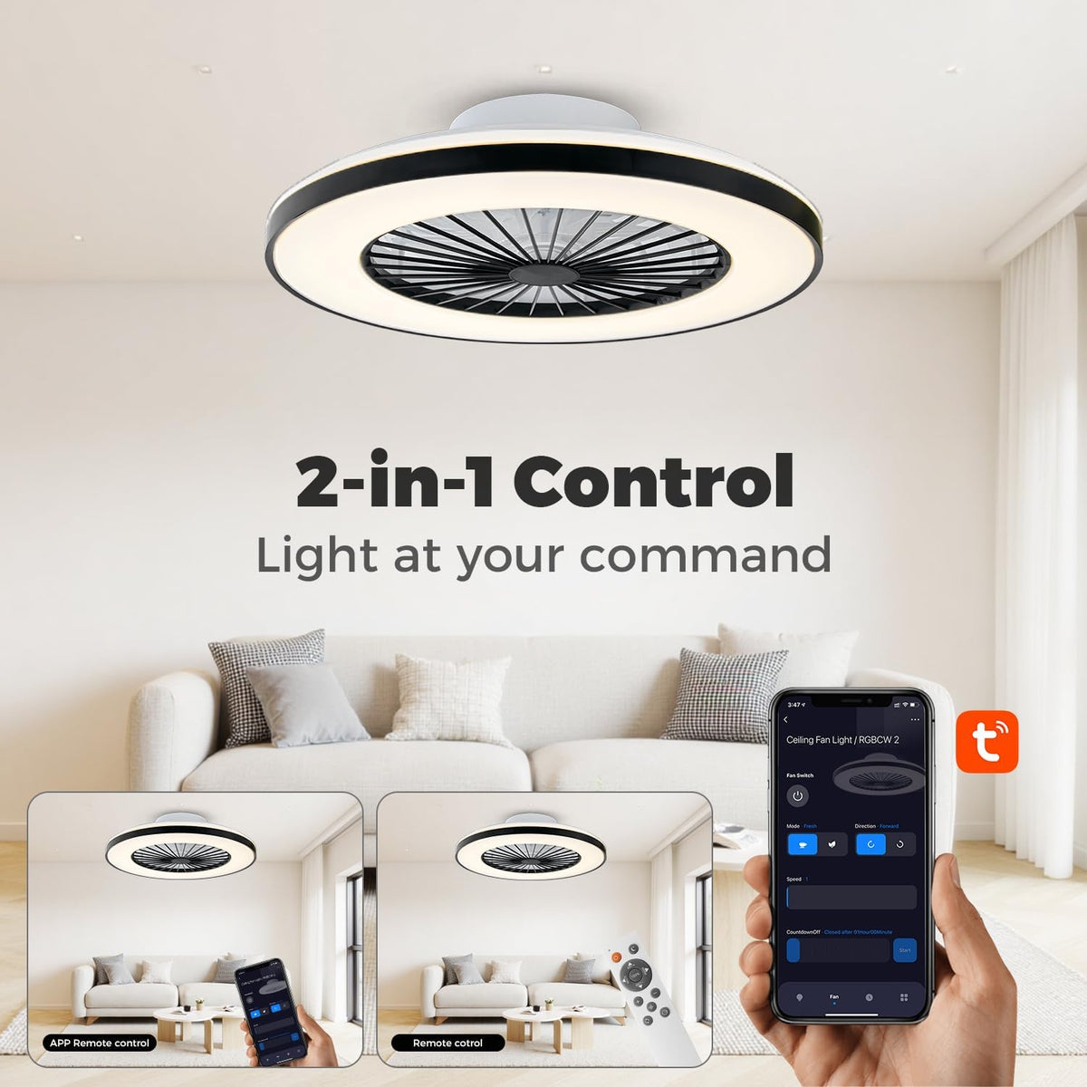 18.9" RGB Flush Mount Ceiling Fan with Light, 6 Speeds 3 Colors, Timer