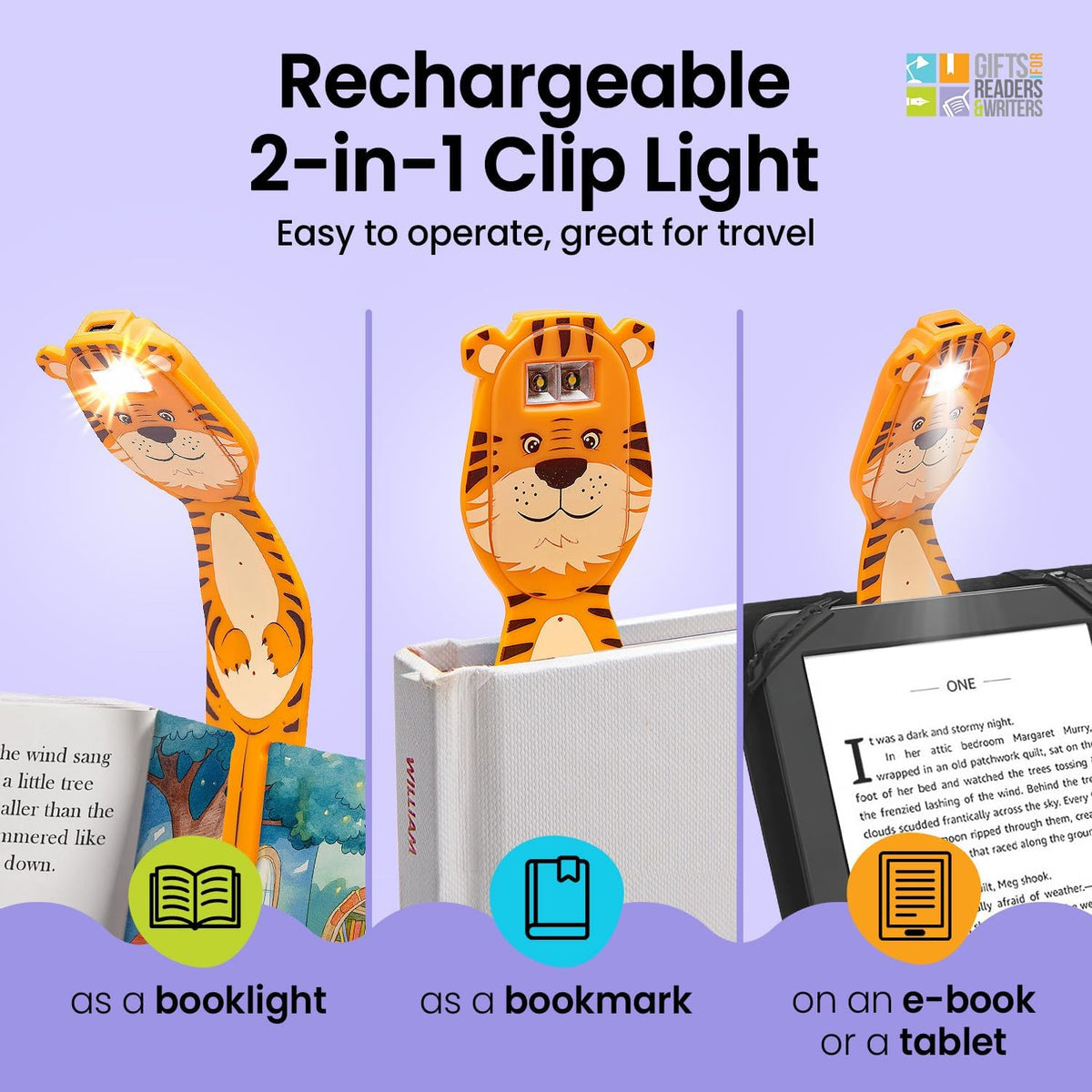 Gifts for Readers & Writers Rechargeable Book Light for Kids, Clip On Reading Light for Bed, 2in1 Flexilight Pals & Bookmark, 12 Hours of Light Once Charged, Includes USB Cable & 2 LED Lights, Dog