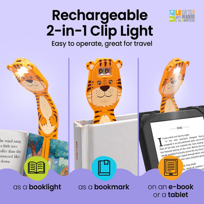 Gifts for Readers & Writers Rechargeable Book Light for Kids, Clip On Reading Light for Bed, 2in1 Flexilight Pals & Bookmark, 12 Hours of Light Once Charged, Includes USB Cable & 2 LED Lights, Dog