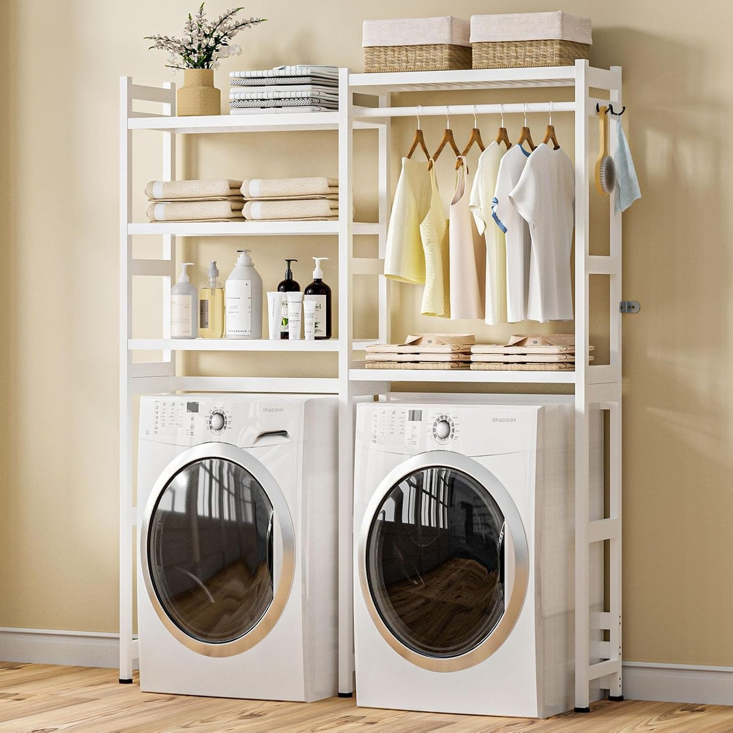 Cozivolife Over The Washer Dryer Storage Shelf: Bamboo 5 Tiers (Natural) | Laundry Room Drying Rack with Adjustable Shelves and 4 Hooks - Space Saver Organizer for Hanging Clothes and Towels