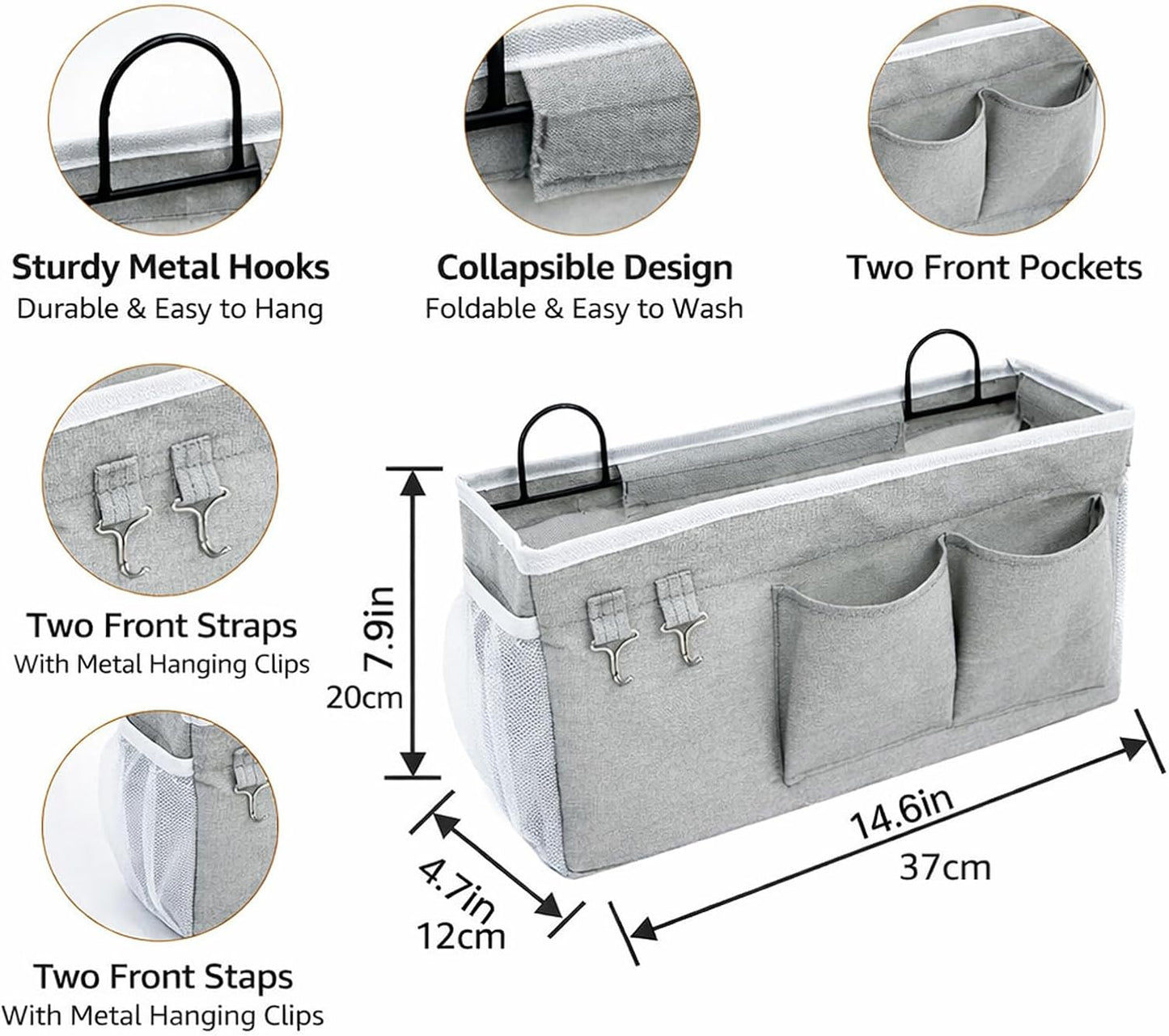 Bedside Storage Caddy with Metal Hooks,Hanging Bedside Organizer | Large Capacity Bag for Dorm Bunk Bed Headboard, Remote Phone Book Holder (Grey) (2)