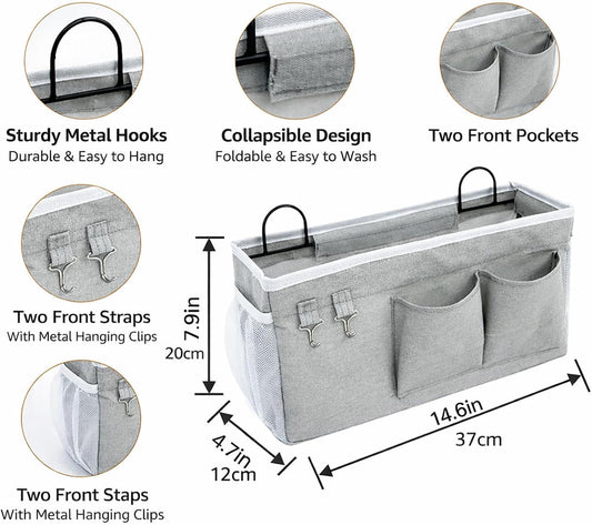 Bedside Storage Caddy with Metal Hooks,Hanging Bedside Organizer