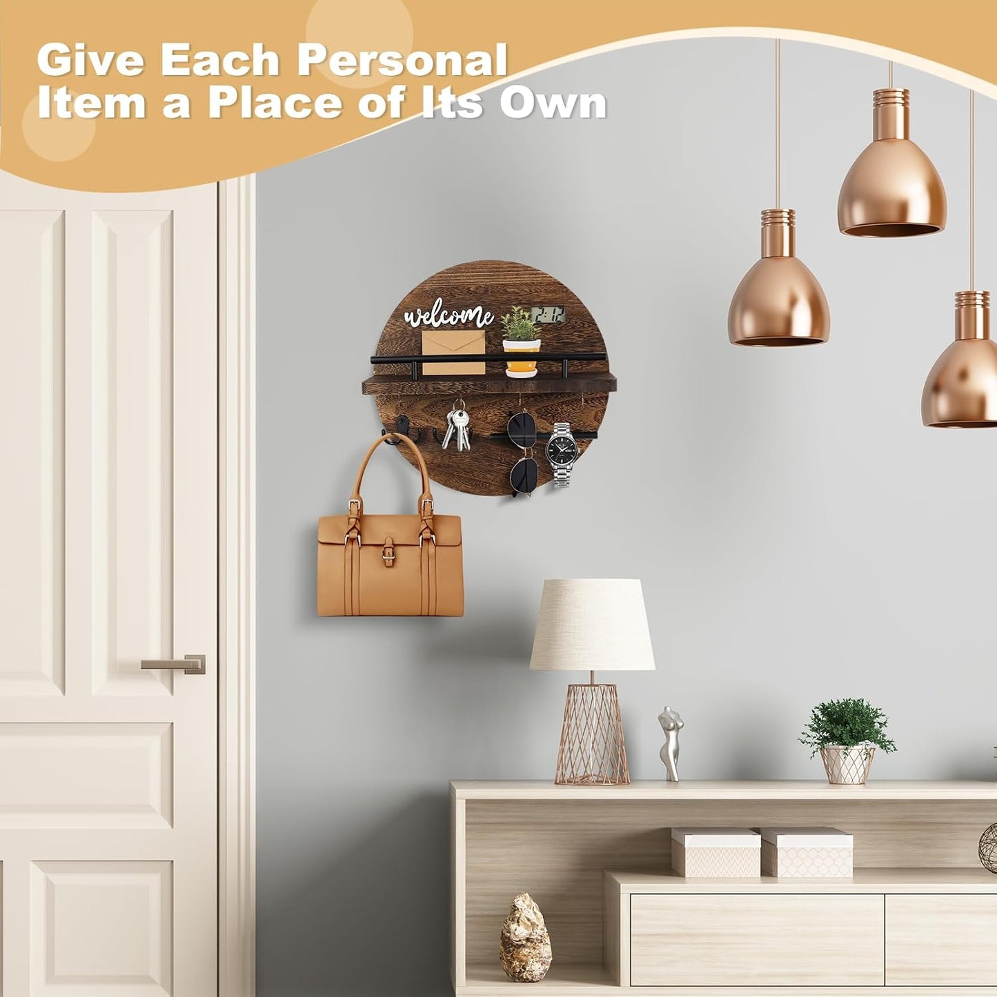 Key Holder for Wall, Key and Mail Holder Organizer with - Key Holder Wall Mount - Round Wooden Rustic Home Decor for Entryway, Mudroom, Hallway, Kitchen Office (Black)