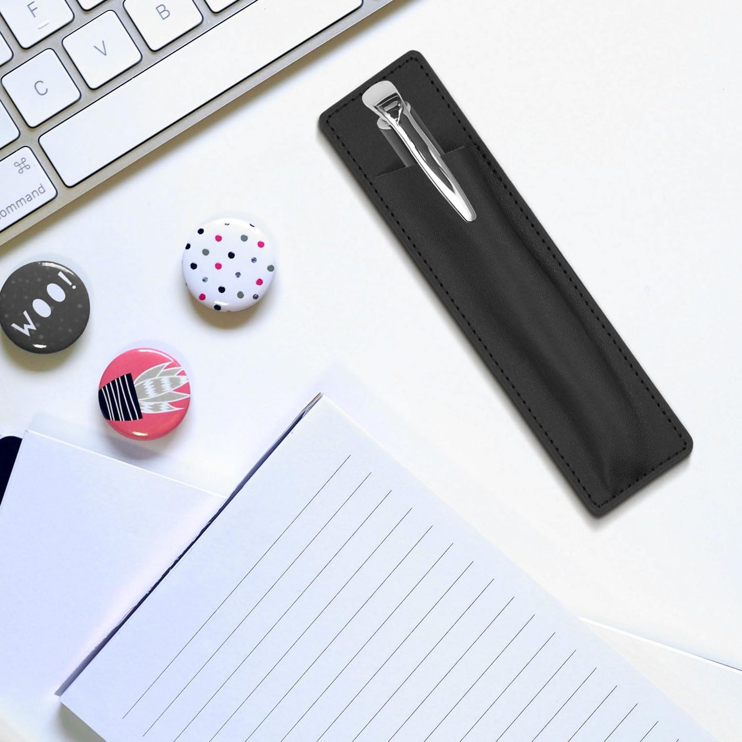 2-Piece Magnetic Pen Holder, Leather Pen Pouch with Magnet for Fridges & Other Metal Surfaces, 6.69x1.69 inch (Black)