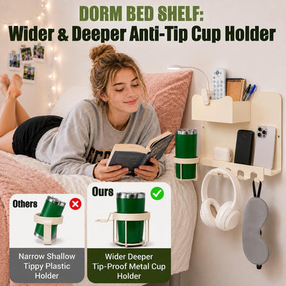 Floating Bedside Wall Shelf, Metal Bedside Wall Organizer with Detachable Cup Holder, No Drill Wall Mounted Storage for Bedroom, Dorm, Loft Bed, Bunk Bed & Small Space Organization