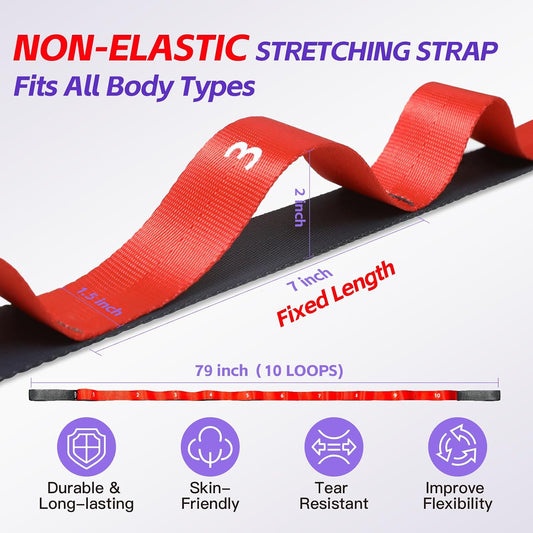 Non Elastic Stretching Strap with Loops - Yoga Straps for Physical Therapy, Durable Stretch Bands for Exercise, Flexibility Training, Hamstring & Leg Stretcher, Yoga/Pilates/Gymnastics