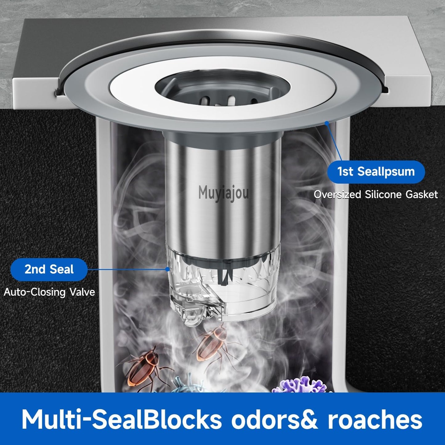 1.25"-2.6" Shower Drain Hair Catcher, Magnetic Floor Drain Stopper(1 Pack) | with Spare Filter Odor-Sealing Drain Plug with Auto-Closing Valve
