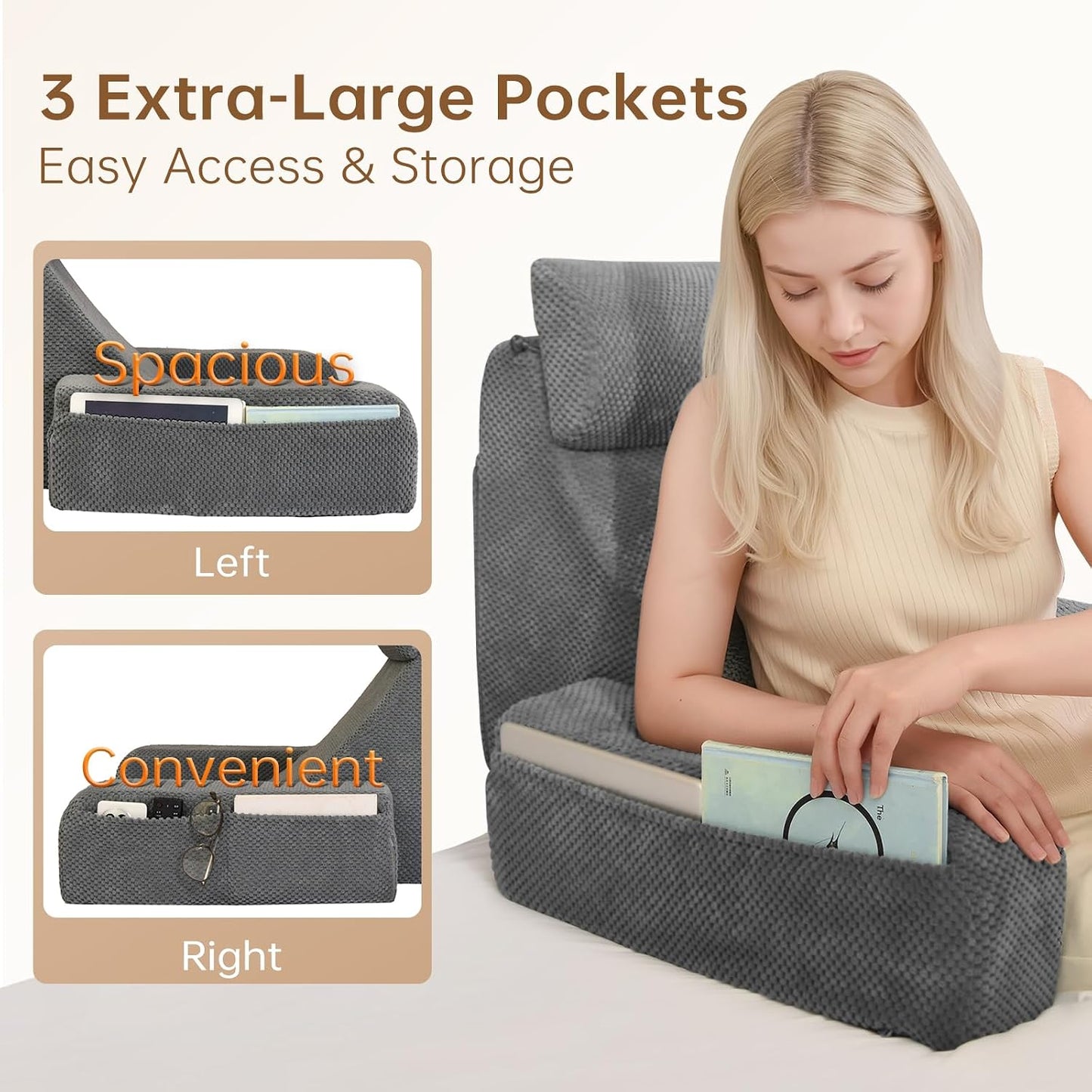 Vekkia 19'' Reading Pillow for Adults with XL Side Pockets, Adjustable Arms | 45° Back Support Chair for Sitting in Bed, Washable Cover, Perfect for Gaming, Watching TV, Relaxing, or Recovery, Gift Idea