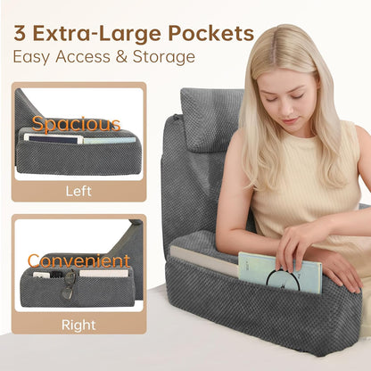 Vekkia 19'' Reading Pillow for Adults with XL Side Pockets, Adjustable Arms | 45° Back Support Chair for Sitting in Bed, Washable Cover, Perfect for Gaming, Watching TV, Relaxing, or Recovery, Gift Idea