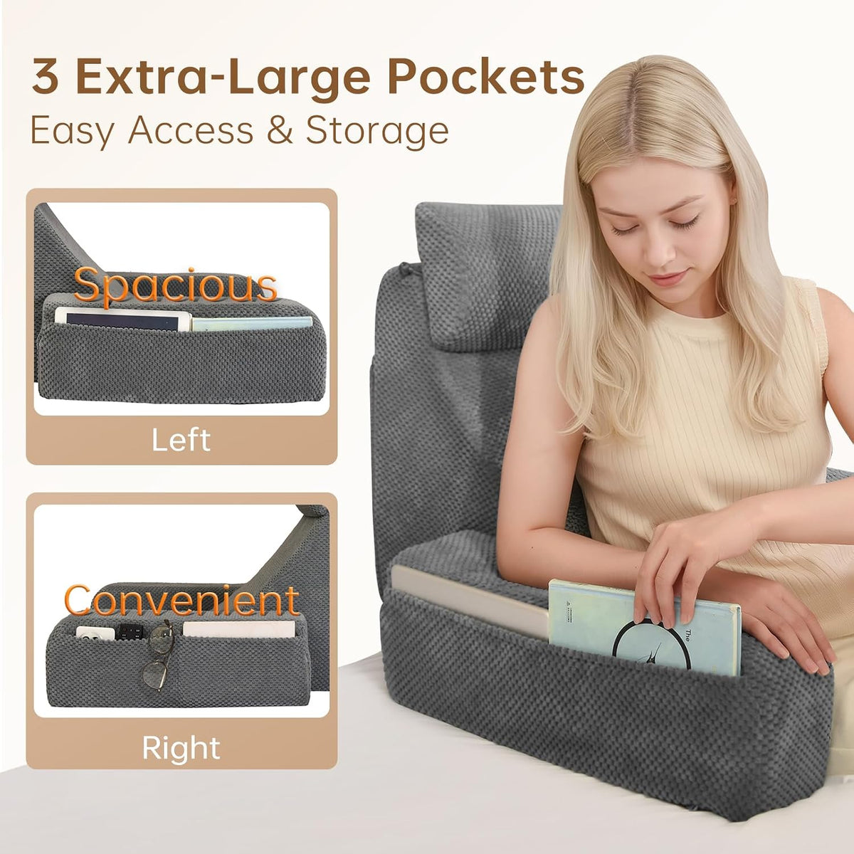 Vekkia 19'' Reading Pillow for Adults with XL Side Pockets