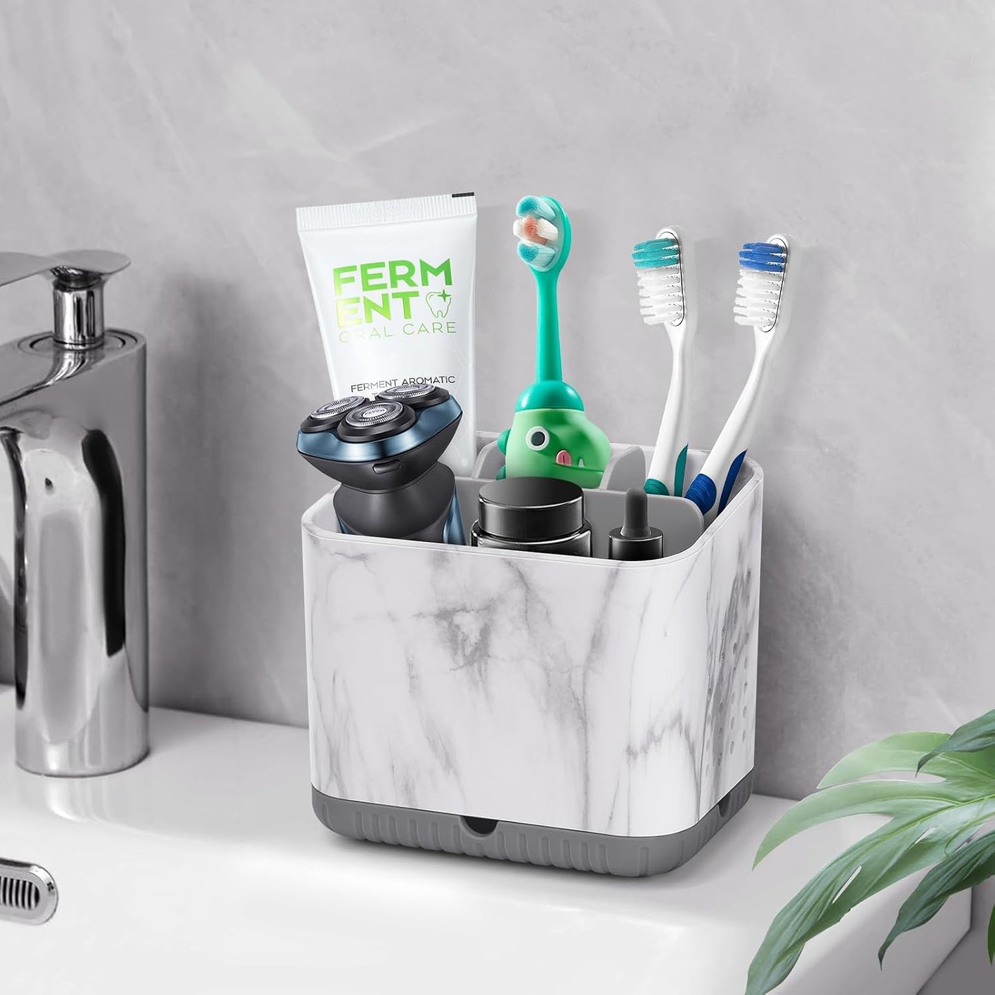 Bathroom Toothbrush Holders, Toothbrush and Toothpaste Holder (Wood Grain) | Easy To Clean, Drainage, Removable, Non-Slip, 4 Slots Tooth Brush Holder for Bathroom Countertop Organizer