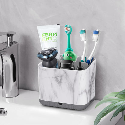 Bathroom Toothbrush Holders, Toothbrush and Toothpaste Holder (Wood Grain) | Easy To Clean, Drainage, Removable, Non-Slip, 4 Slots Tooth Brush Holder for Bathroom Countertop Organizer