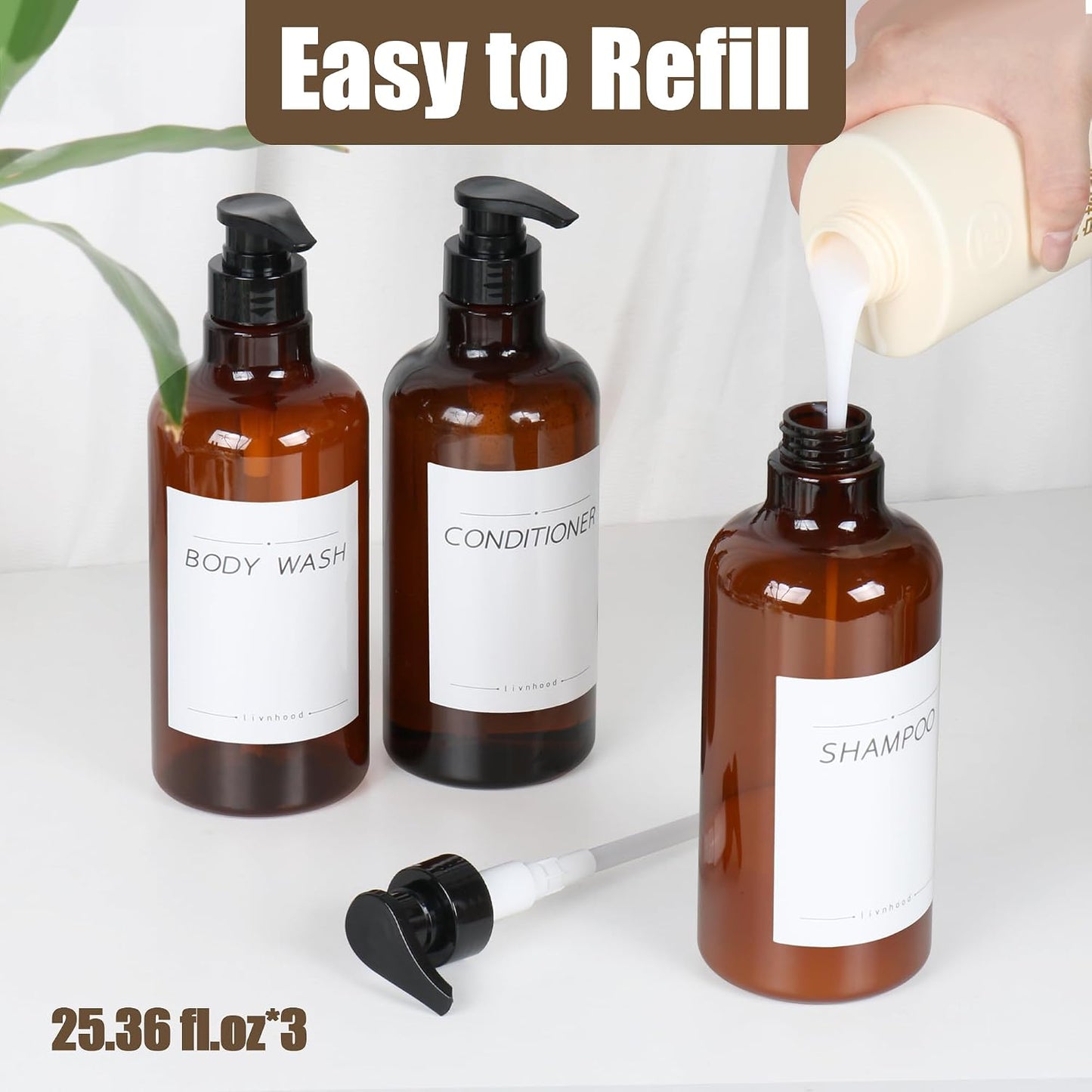 Shampoo and Conditioner Dispenser, Soap Dispenser Wall Mounted, 25.36 fl oz Set of 3 Amber Plastic Bottles Black Pump, Shower Soap Bottles Refillable with Labels for Bathroom