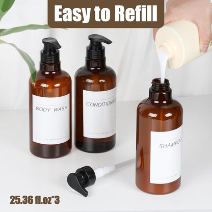 Shampoo and Conditioner Dispenser, Soap Dispenser Wall Mounted, 25.36 fl oz Set of 3 Amber Plastic Bottles Black Pump, Shower Soap Bottles Refillable with Labels for Bathroom