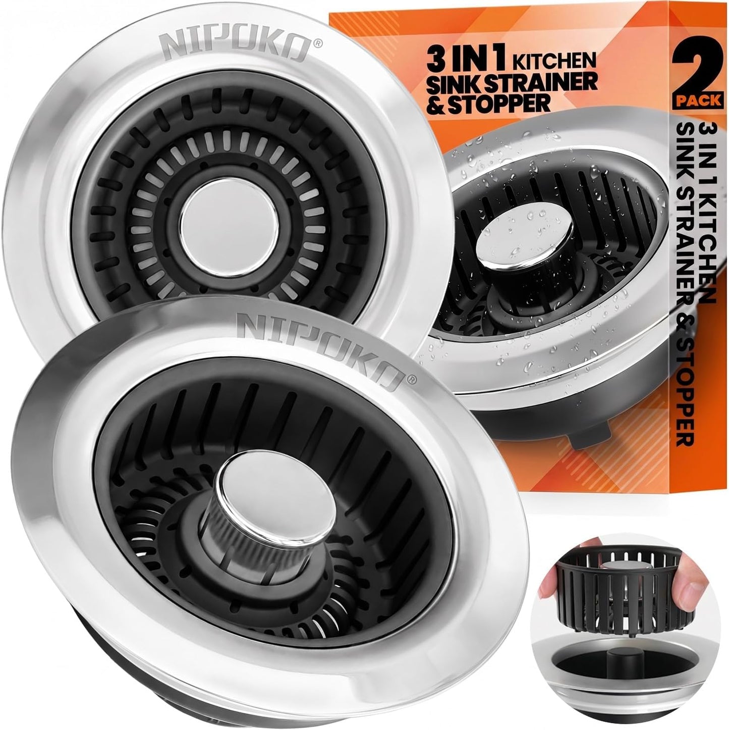 3 in 1 Kitchen Sink Drain Strainer Stopper Basket Pop Up Silver | Kitchen Sink Accessories Strainer Basket 2 Pack Silver,Stainless Steel Anti-Clog Catcher, Odor-Blocking Seal Fits 3.5" Drain