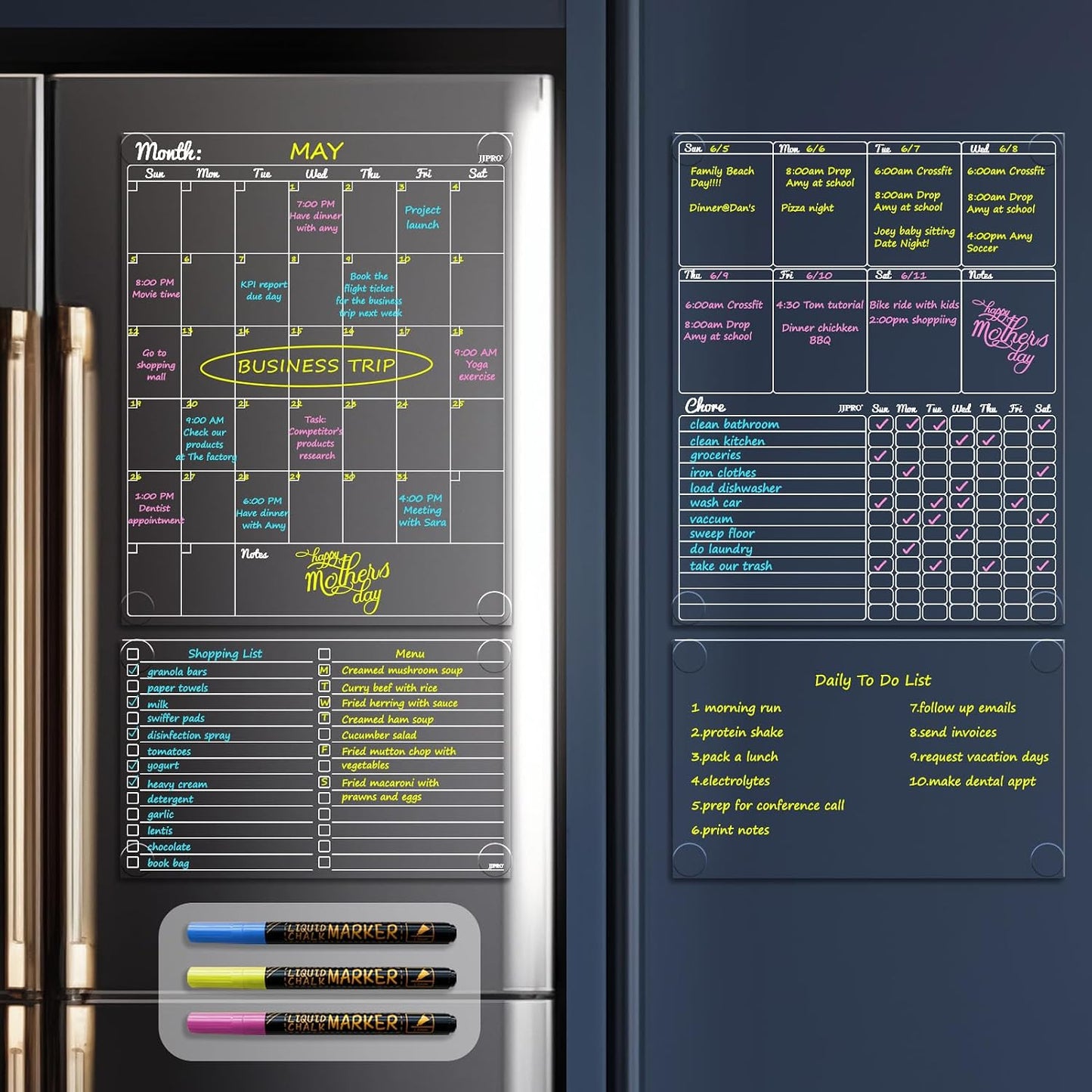 JJPRO Non-Magnetic Dry Erase Calendar for Fridge, Monthly Calendar, Weekly Planning Board Bundle for All Smooth Surfaces. Clear Reusable Calendar Stick to Fridge,Cabinet,Door&Glass
