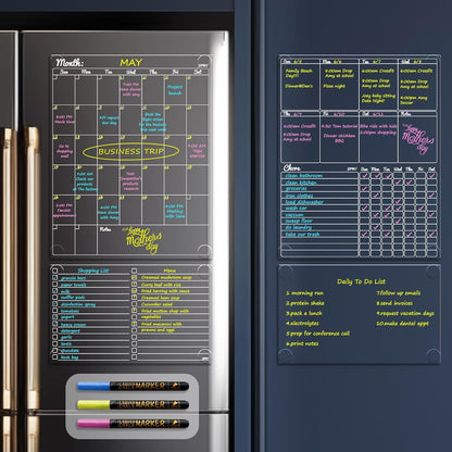 JJPRO Non-Magnetic Dry Erase Calendar for Fridge, Monthly Calendar, Weekly Planning Board Bundle for All Smooth Surfaces. Clear Reusable Calendar Stick to Fridge,Cabinet,Door&Glass