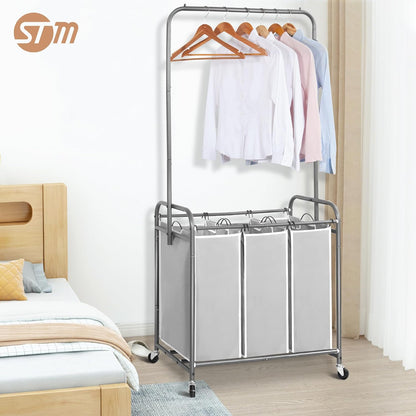 STORAGE MANIAC Laundry Sorter with Hanging Bar, Portable, Removable Laundry Hamper Cart with Heavy Duty Lockable Wheels and Removable Bags, Rolling Laundry Basket Organizer 181L, 4 Section Gray
