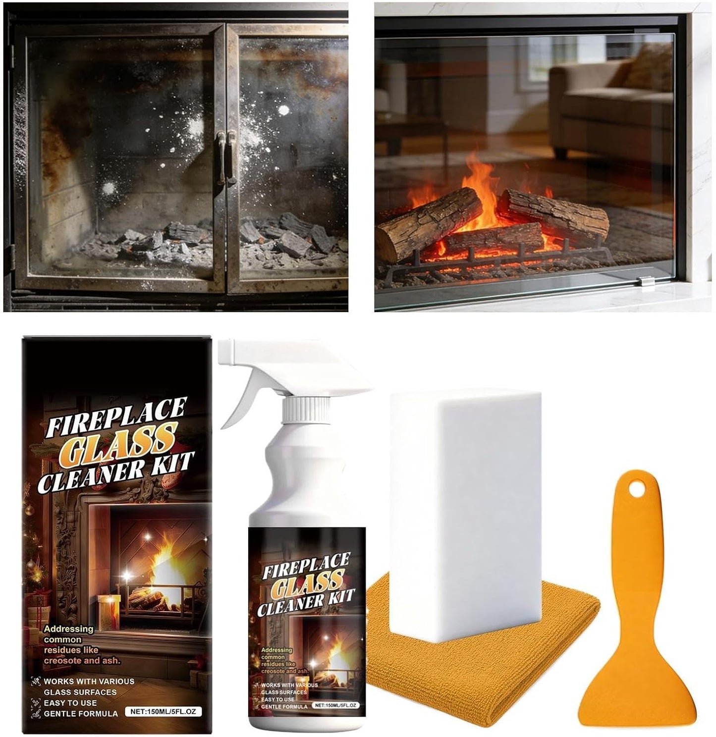 Fireplace Door Cleaner - Multi- Soot Remover, 150ml Dust Eliminator Gel, Steel Grates Care Formula, Heavy Duty Cleaner, Easy Application Brush | Indoor Chimney Cleaning, Brick Stone