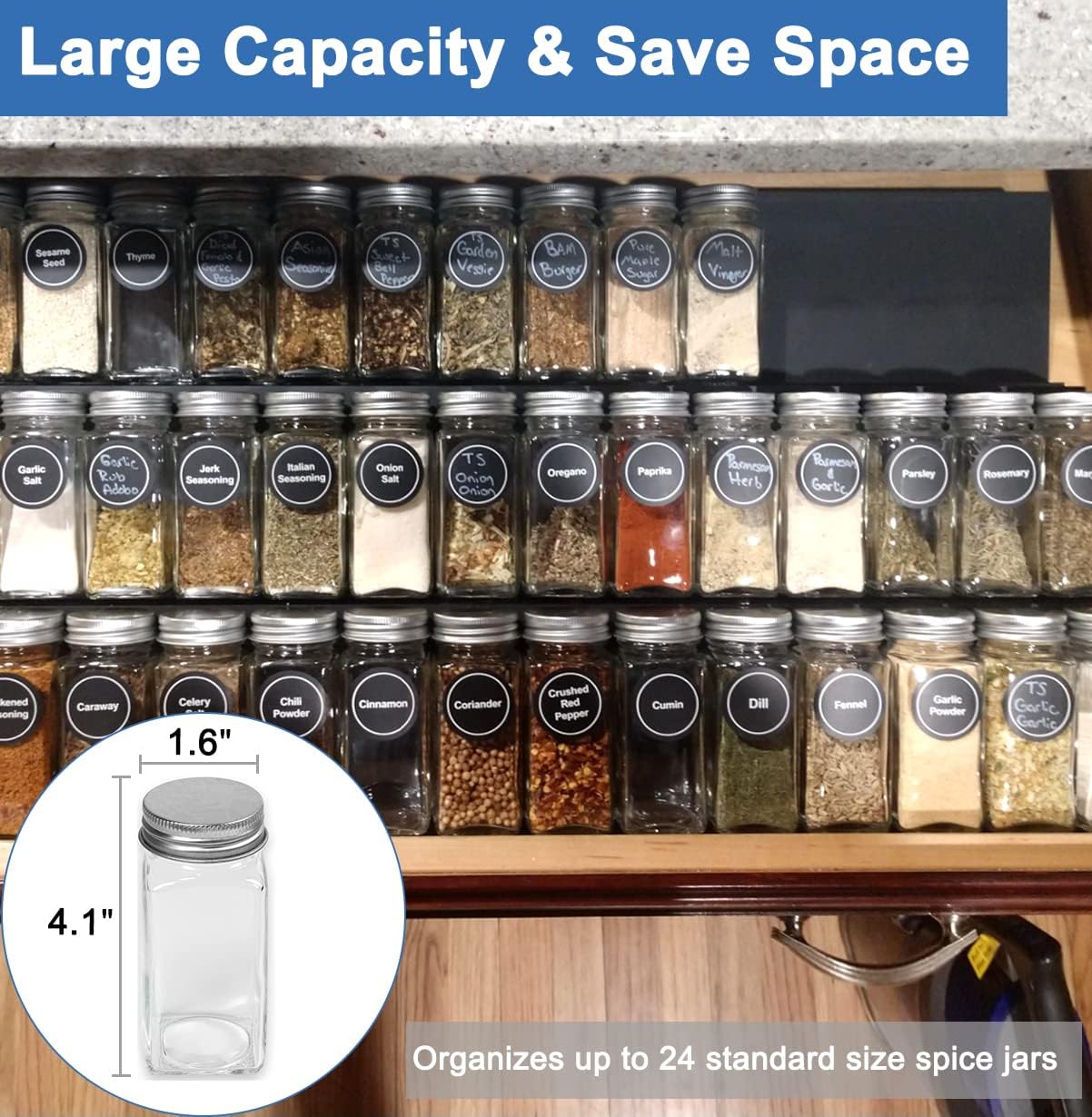 Spice Drawer Rack Organizer Insert for Kitchen Cabinet, Pack of 9 | Expandable, Multi Tier Adjustable Spice Storage Shelf for Seasoning and Jar